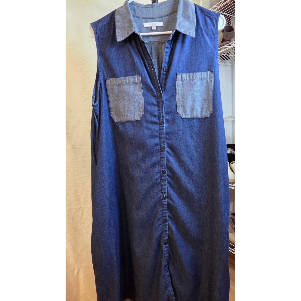 Reed Womens Sleeveless Denim Shirt Dress Dark Indigo Cotton Midi Large